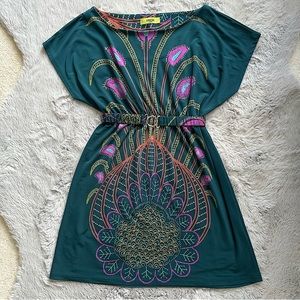 Orion London NWOT Women’s Green Peacock Print Casual Mini Dress Size XS/S